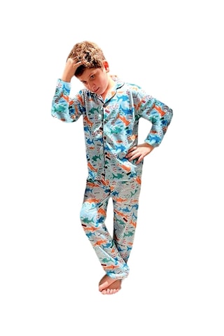 Lolliboomkids Yeni Sezon Erkek Çocuk Düğmeli Gömlek Yaka Pijama Takımı Shark / Deniz Canlıları Desenli Mavi