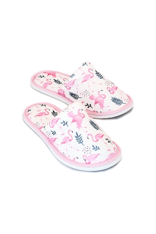 Kadın Beyaz Flamingo Desenli Yumuşak Tabanlı Ev Terlik Beyaz