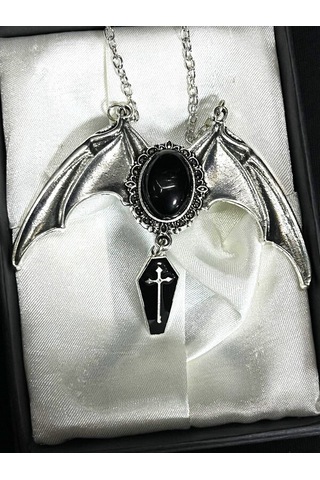 Dükkan Design Gotik Black Bat Cross Tabut Kolye Siyah - Gümüş