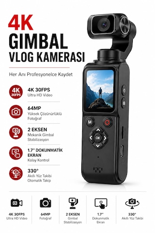 4k Vlog Kamerası 64mp 2 Eksen Mekanik Gimbal 330 Akıllı Yüz Takibi 1.7'' Hd Dokunmatik Ekran Wifi Webcam Type-c