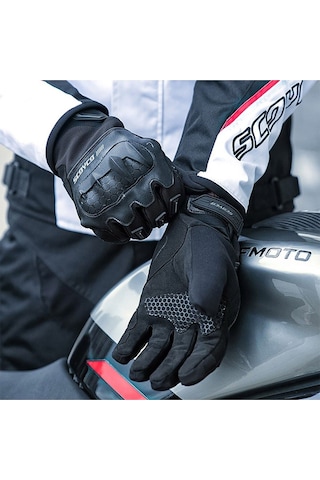 Motoanl Motosiklet Kışlık Eldiven Waterproof Oxford Ve Deri Kumaş Premium Motor Korumalı Eldiveni Siyah