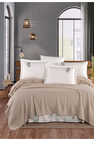 Newhome Çift Kiş. Saçaklı Elnakışlı %100pamuk Piketakımı-kapiçino Cappuccino