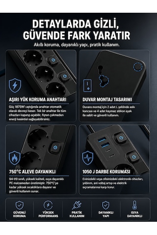 9in1 3680w Anahtarlı 5 Soket 2 Usb 2 Type-c 2m Kablolu Hızlı Şarjlı Akım Korumalı Çoklu Priz 0 - 2 M