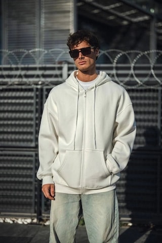 Valensdesign Oversize Tam Fermuarlı Uzun Kol Hırka - Beyaz