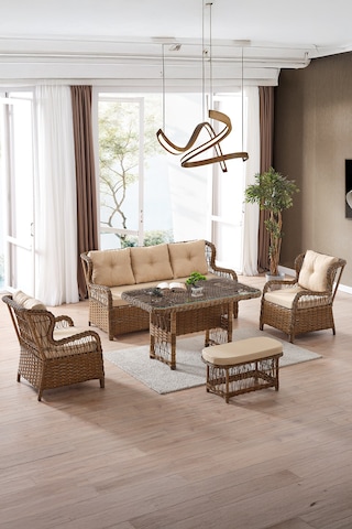 Paris Rattan Puflu Bahçe Balkon Takımı 3+1+1 Cam Masalı Kahve Kahverengi