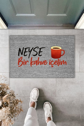 Rugmood Modern Dijital Baskı - Neyse Bir Kahve İçelim - Kapı Önü Paspası Gri