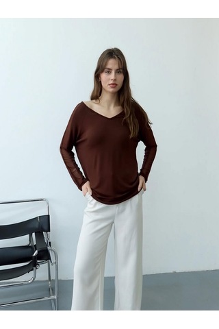 Mirve Butik Kolları Tül, Sırtı Parlak Taşlı Bluz Kahverengi