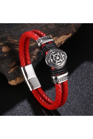 Erkekler İçin Hakiki Deri Bileklik Punk Örgülü İp Çelik Düğme Erkek Bileklik Takı Doğum Günü Hediyesi Kırmızı