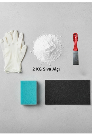 Duvar Tamir Seti 2 Kg Sıva Alçı-sıva Süngeri-spatula-beyaz Pudralı Eldiven-zımpara