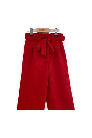 Çikoby Kız Çocuk Dokuma Bol Paça Pantolon-13767-kırmızı Kırmızı