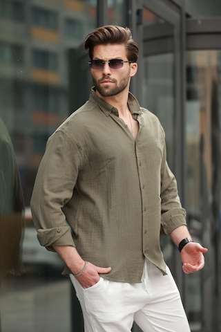 Madmext Haki Basic %100 Pamuklu Uzun Kollu Erkek Gömlek E6761 Haki