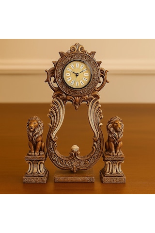 Aslan Figürlü Dekoratif Masa Saati Kraliyet Tarzı 40x28 A.kahve
