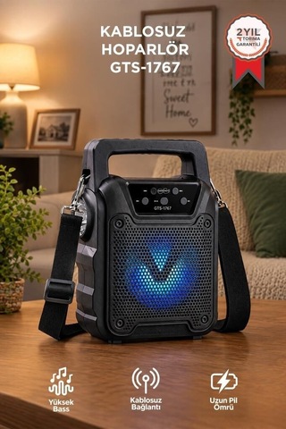 Özel Seri Bluetooth Hoparlör Gts-1767 Siyah Ses Aleti Müzik Renkli Işık
