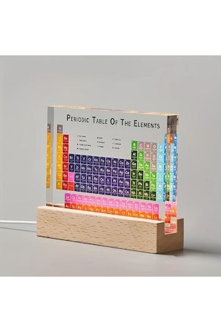 Fochsia Akrilik Periyodik Tablo Aydınlatmalı Ahşap Taban - Eğitici Kimya Öğretim Aracı Elektron Konfigürasyonlu