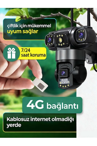 Üçlü Lens 6mp 4g Sım Ptz Dış Mekan Güvenlik Kamerası: 360 Panoramik, 7/24 Kayıt, Hareket Sensörlü Alarm, Gece Görüş, Suya Dayanıklı Gövde