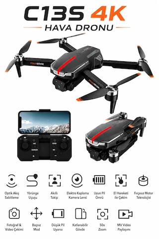 C13s Hava Dronu Optik Akış Fırçasız Motor Wifi Cam Başsız Mod Katlanabilir Tek Tuş Kalkış İniş Geri Dönme Engel Algılama Elektirkli Kamera 3 Lü Lens Led Işıklı