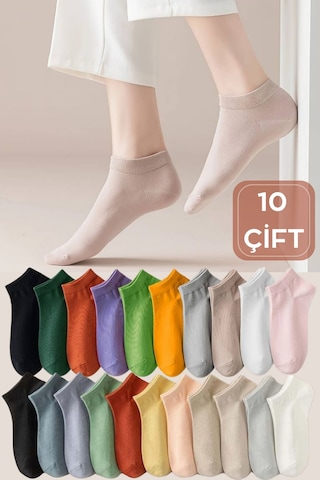 Kral Socks Yazlık Pamuklu Penye Kadın Patik Çorap 10 Çift - Çok Renkli