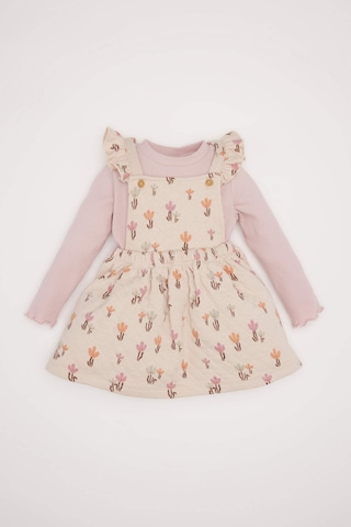 DeFacto Kız Bebek 2'li Takım Çiçekli Fitilli Kaşkorse Elbise Basic Düz Uzun Kollu Tişört D7252A524WNER120 Ekru