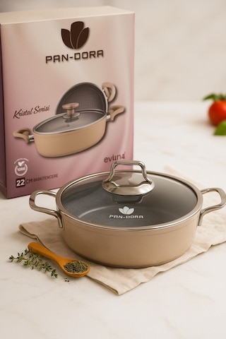 Evinda Pan-dora 22 Cm Kristal Döküm Basık Pilav Tenceresi Yapışmaz, 1.kalite-yanmaz-147 Metalik