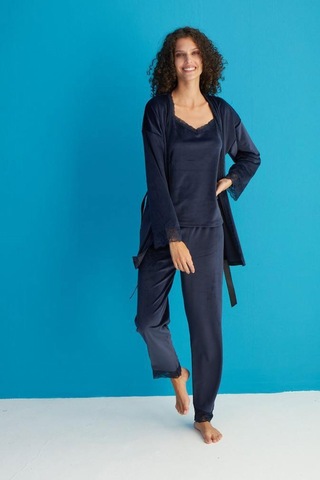 Pemilo Kadın 13402-1 Dantelli Sabahlık Kadife Pijama Takım LACİVERT-LACİVERT Lacivert