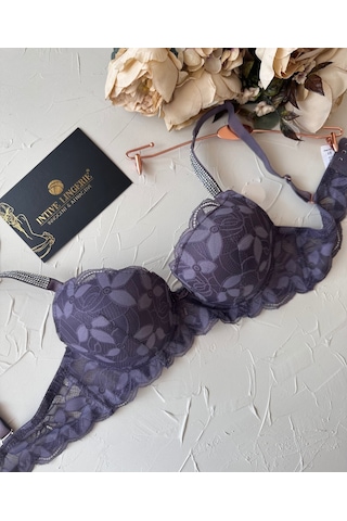 Jasmine Askıları Parlak Taşlı Hafif Destekli Dantelli Soft Cup İt Mor