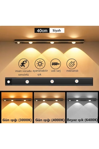 3 Adet 40cm Led Sensörlü Usb Şarjlı Mıknatıslı Mutfak,dolap Işık