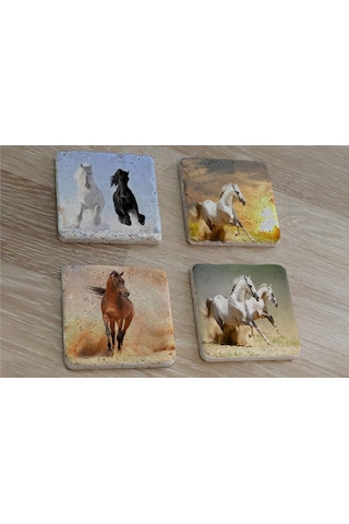 Koşan Atlar Doğal Taş Bardak Altlığı 4'lü Set - Natural Stone Coasters - Taş Çok Renkli