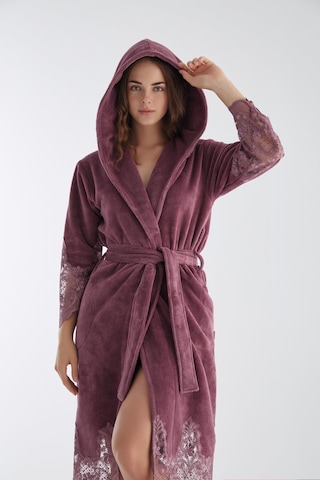 Dantelli Uzun Kapüşonlu Triga Bambu Cotton Bayan Bornoz Gül Kurusu
