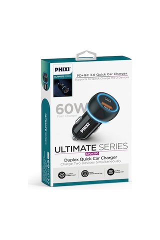 Phixi Upd4260 Çift Çıkışlı Pd Destekli 60w Araç Şarj Adaptörü