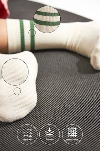 Bambu Kadın Ekru Kaydırmaz Taban Silikon Baskı Yoga Fitness Pilates Bale Dans Tenis Çorabı Pembe