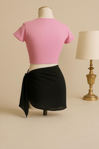 Moda Dua Kadın Pembe Yarım Kol Crop Ve Siyah Pareo 2'li Set