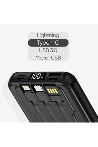 10.000 Mah Kablosuz Hızlı Şarjlı Magsafe Powerbank Led Ekranlı Dahili Kablolu Powerbank Siyah