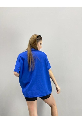 Flood Of Style Kadın Mavi Hardheaded Baskılı Oversize Bisiklet Yaka Tshirt