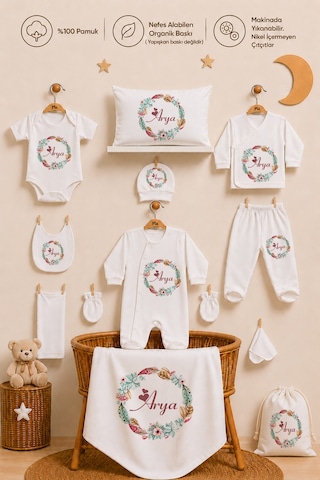 Pia Baby Kız Bebek Hastane Çıkışı 12 Parça %100 Pamuk İsme Özel Organik Baskılı Kese Hediyeli 101711kyx Ekru