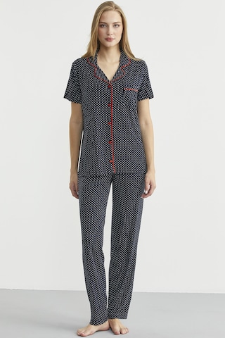 Düğmeli Puantiye Desenli Gömlek Pijama Takım - Lacivert Lacivert