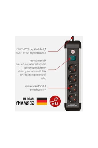 Brennenstuhl Premium-alu-line Çoklu Priz, 4'lü Priz, Yüksek Kaliteli Alüminyumdan Şalterli Çoklu Priz, 1,8 M Kablo, Alman Malı