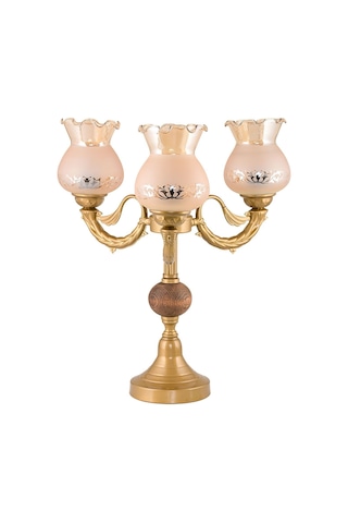 Üçlü Şamdan Masa Lambası Abajur Eskitme Bal Rengi Camlı Eskitme