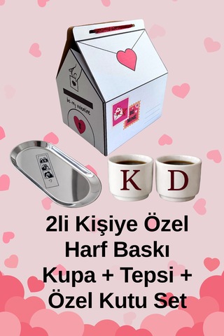 2 Li Kişiye Özel Harf Baskılı Sevgililer Günü Fincan & Tepsi Hediye Seti Özel Kutusunda Krem - 836800041 Krem