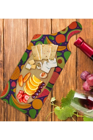 Bk Gift Meyveler Tasarımlı Dikdörtgen Şeklinde Doğal Ahşap Servis Ve Sunum Tabağı Model 1
