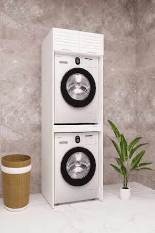 Mdf Çamaşır Makinesi Ve Kurutma Makinesi Dolabı Lake Panjur Kapak Beyaz