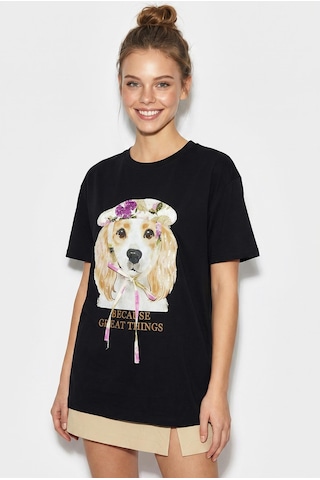 Shade Kadın Baskı Ve Payet Detaylı Fiyonklu Basic T-shirt 7643 60286115 - Siyah