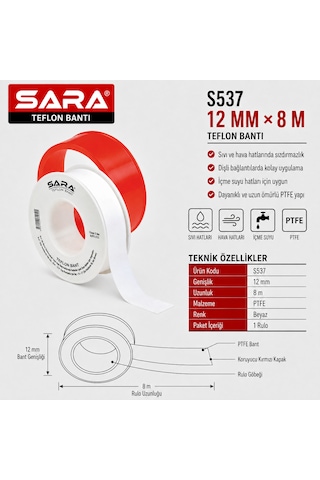 Sara S537 Teflon Bant 12 Mm X 8 M, Ptfe, Beyaz, 10 Lu Paket