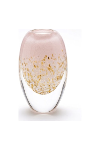 19 Cm Kristal Vazo - Gold Işıltılı Pudra Pembe Lüks Dekoratif Cam Vazo Beyaz
