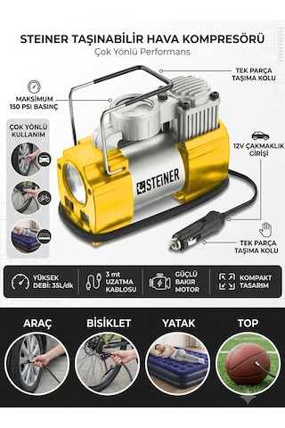 Steiner 12v Çakmaklık Girişli 150 Psi Mini Hava Kompresörü Sarı