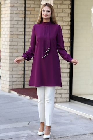 Işıltı Taş Detaylı Büyük Beden Tesettür Tunik Mor