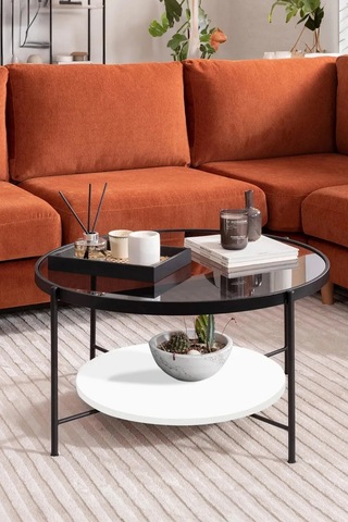 Nordic Orta Sehpa Temperli Cam 75 Cm Demonte Çizilmez Kırılmaz Metal Çerçeve Raflı Minimalist Sehpa - Beyaz Beyaz