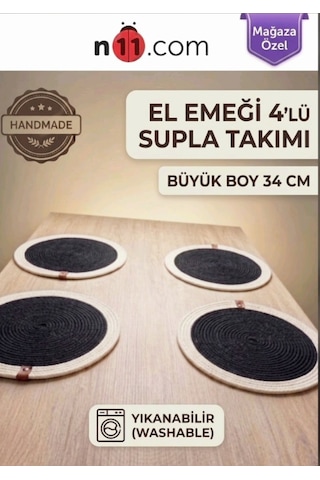 Şık El Yapımı Siyah Beyaz 4'lü Yıkanabilir Supla Takımı. 34cm Büyük Boy Amerikan Servis Siyah-beyaz