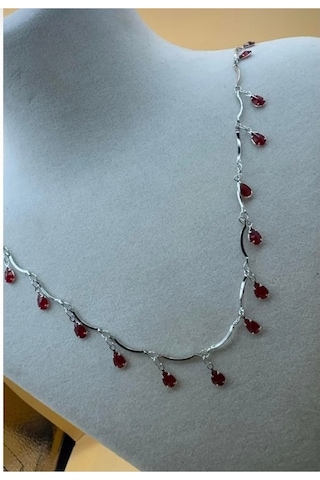 Kadın Gümüş Renk Zirkon Taşlı Damla Model Kolye 45 Cm Kırmızı