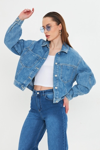 Mavi Yıkamalı Oversize Denim / Kot Ceket Orta Mavi