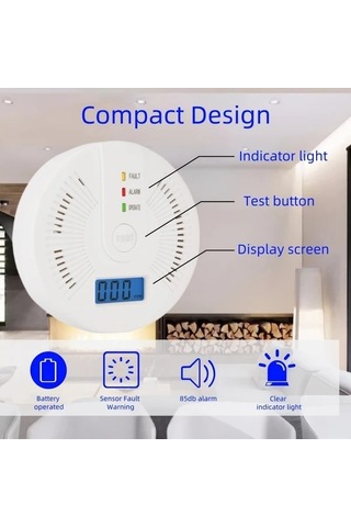 Sandwich Karbonmonoksit Dedektörü Alarm 2 Adet Dijital Ekranlı Pil Operasyonlu Test Çubuğu Kolay Kurulum